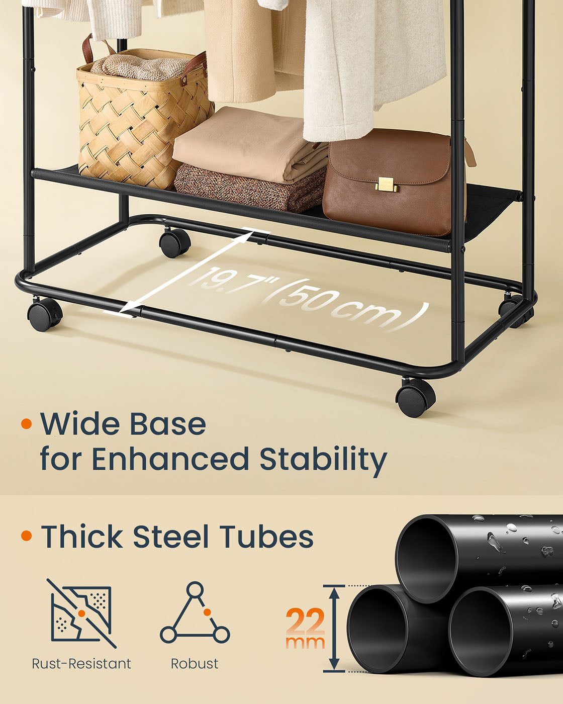 Portable Clothes Rail – Metal – Ink Black – Dual Hanging Rails with Fabric Shelf and Storage Bag