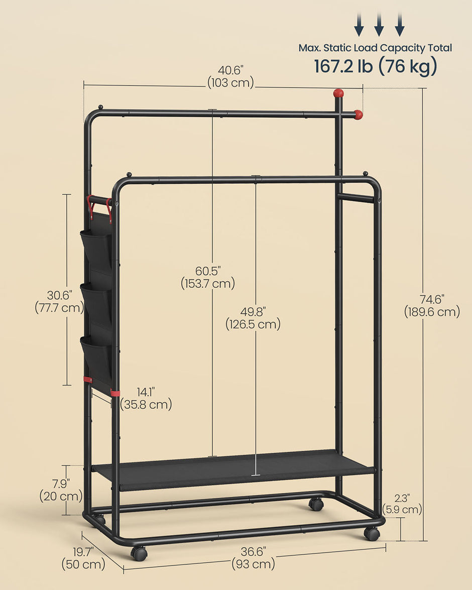 Portable Clothes Rail – Metal – Ink Black – Dual Hanging Rails with Fabric Shelf and Storage Bag