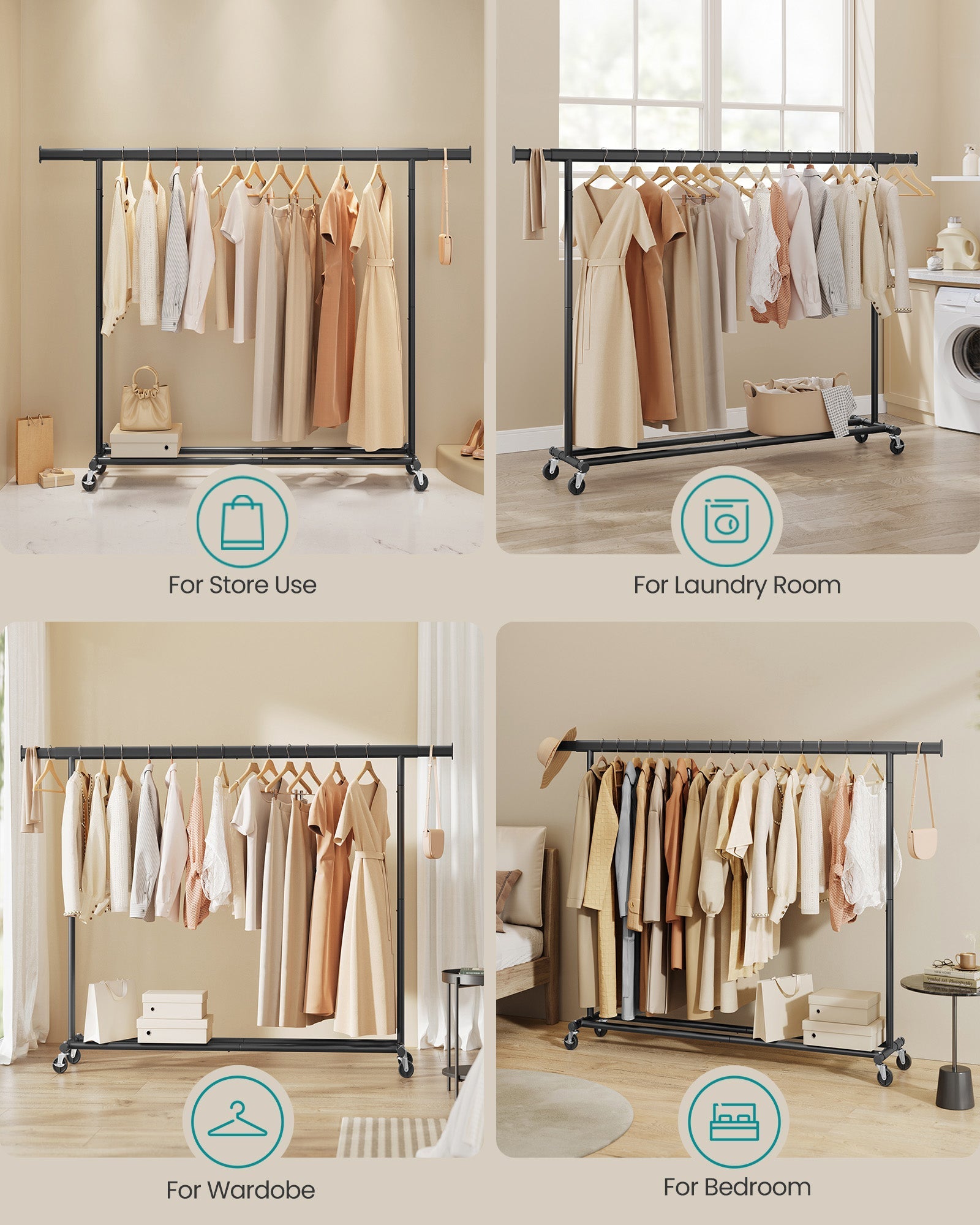 Heavy Duty Portable Clothes Rack – Metal – Black – Extendable Rail up to 150 kg Capacity