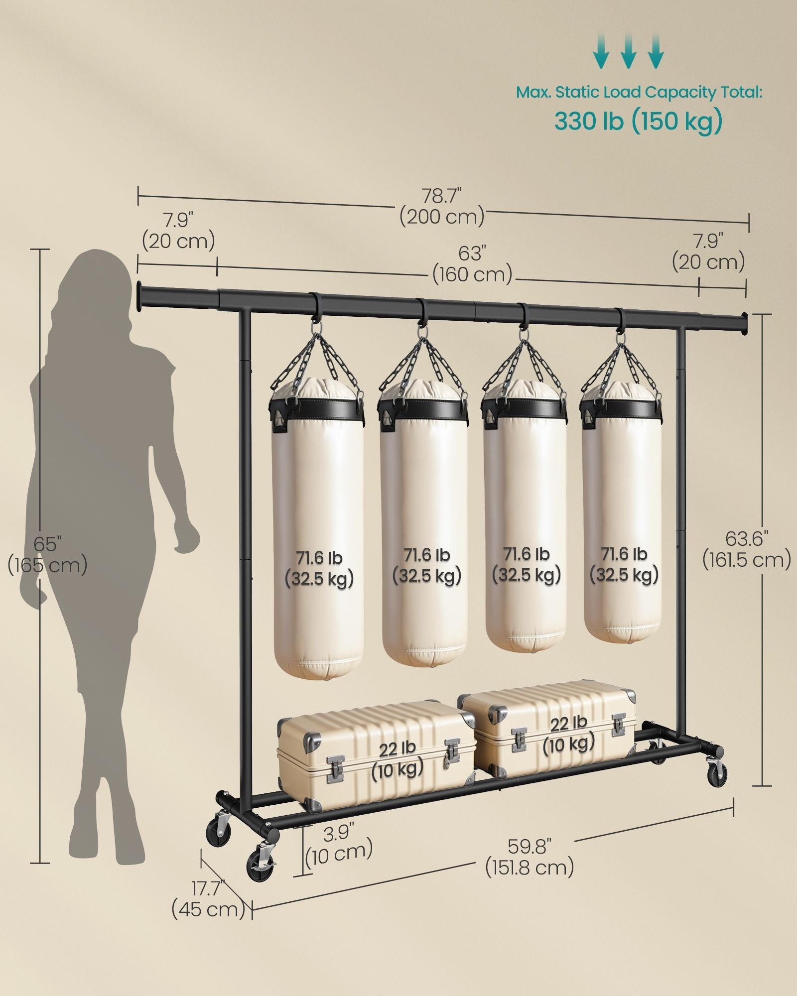Heavy Duty Portable Clothes Rack – Metal – Black – Extendable Rail up to 150 kg Capacity