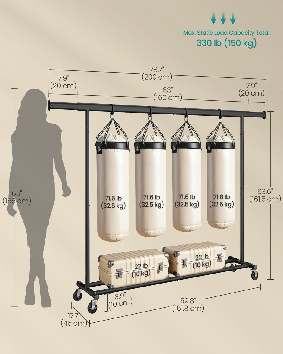 Heavy Duty Portable Clothes Rack – Metal – Black – Extendable Rail up to 150 kg Capacity