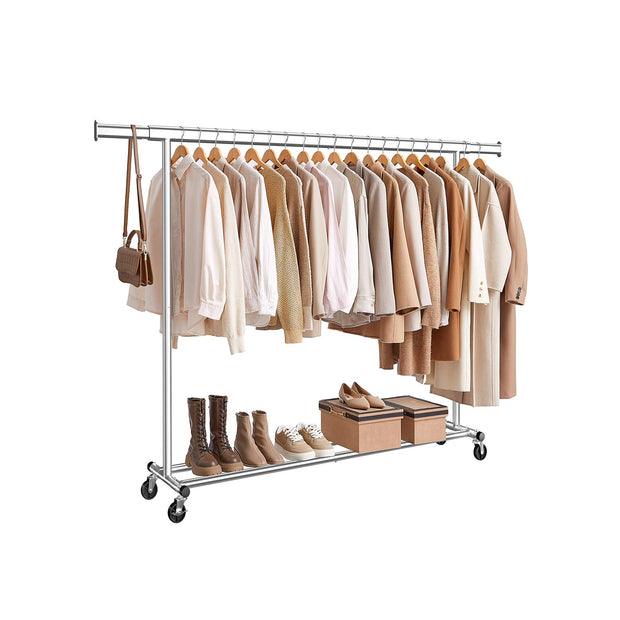 Clothes Rack – Chrome – Silver – Extendable and Collapsible with Wheels, 150 kg Load Capacity