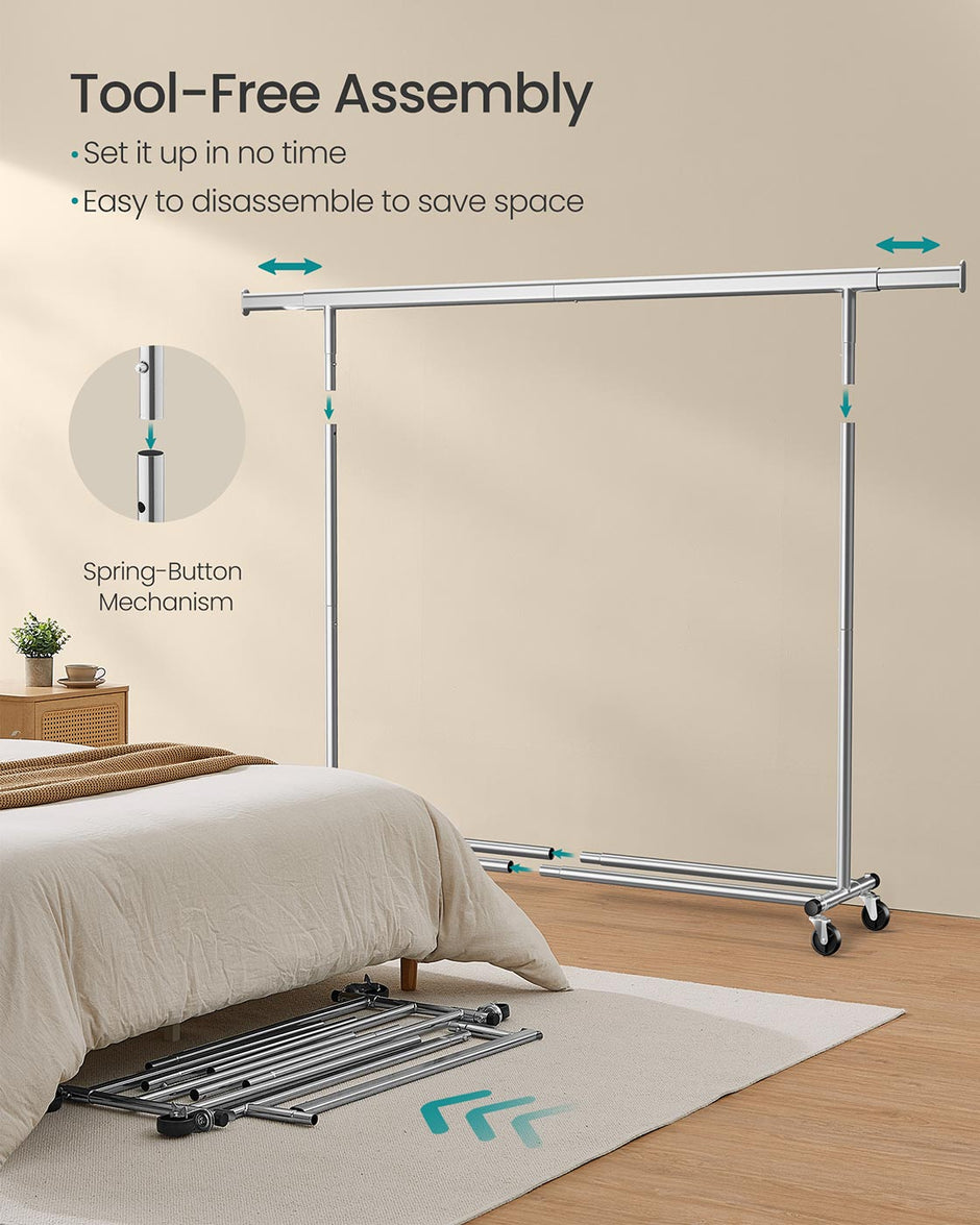 Clothes Rack – Chrome – Silver – Extendable and Collapsible with Wheels, 150 kg Load Capacity