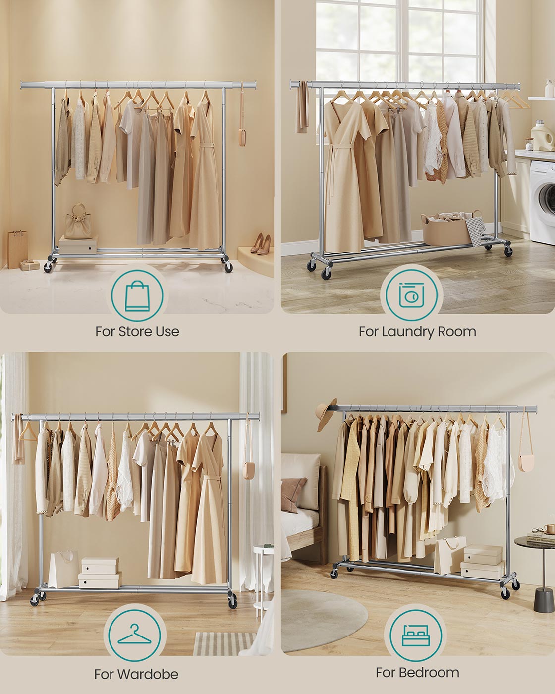 Clothes Rack – Chrome – Silver – Extendable and Collapsible with Wheels, 150 kg Load Capacity