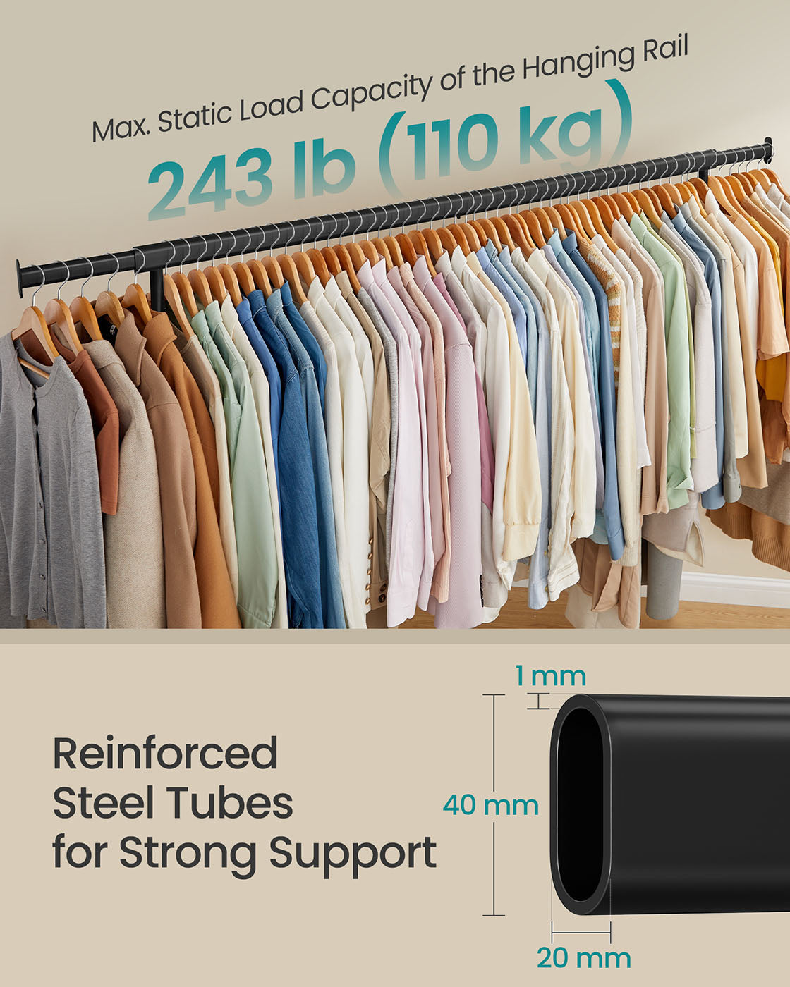 Clothes Rack – Heavy-Duty Steel – Matte Black – Extendable Hanging Rail, 110 kg Load Capacity