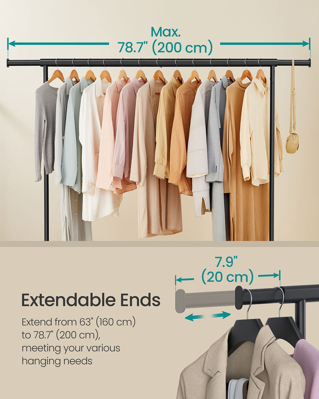 Clothes Rack – Heavy-Duty Steel – Matte Black – Extendable Hanging Rail, 110 kg Load Capacity