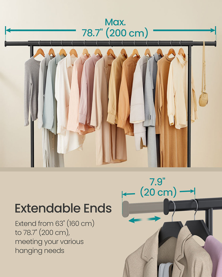 Clothes Rack – Heavy-Duty Steel – Matte Black – Extendable Hanging Rail, 110 kg Load Capacity
