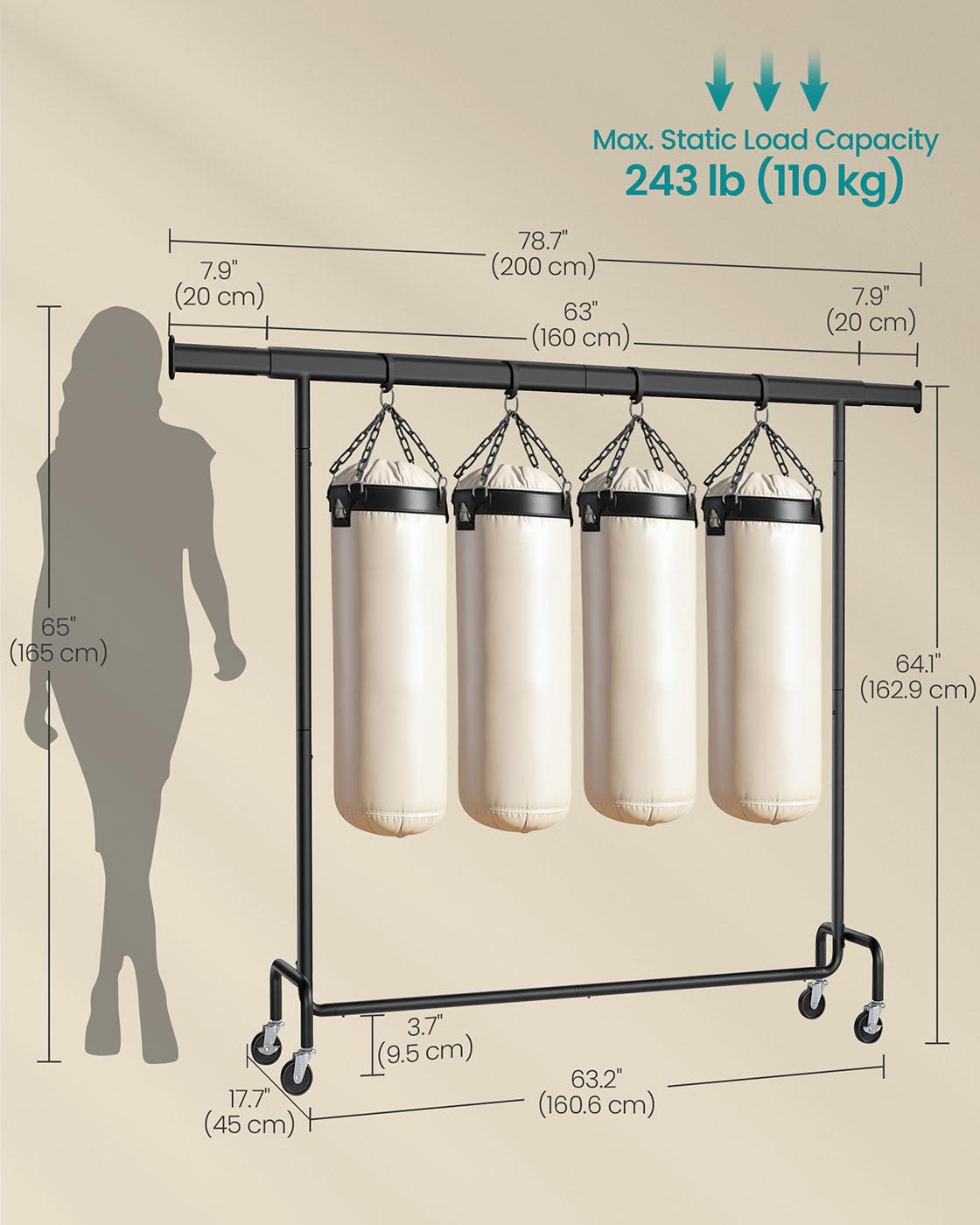 Clothes Rack – Heavy-Duty Steel – Matte Black – Extendable Hanging Rail, 110 kg Load Capacity