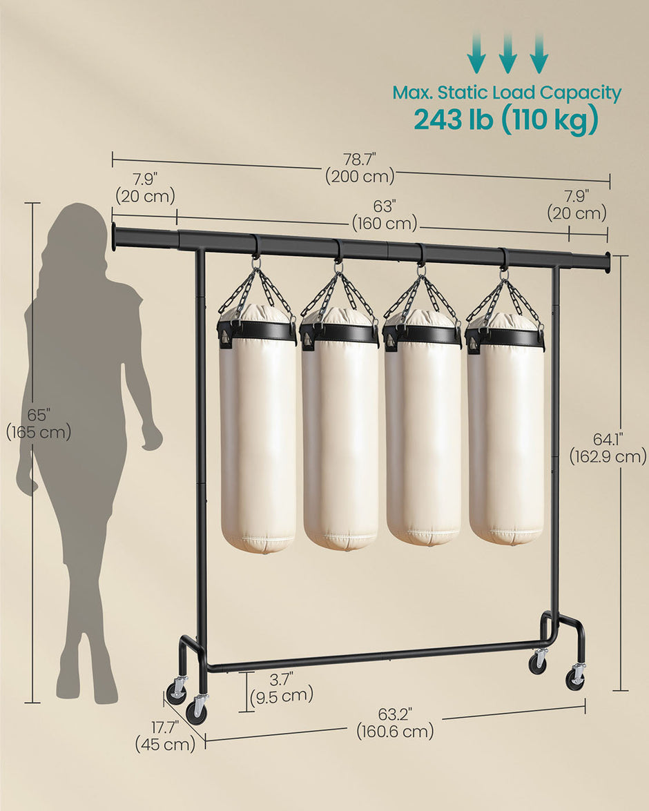 Clothes Rack – Heavy-Duty Steel – Matte Black – Extendable Hanging Rail, 110 kg Load Capacity