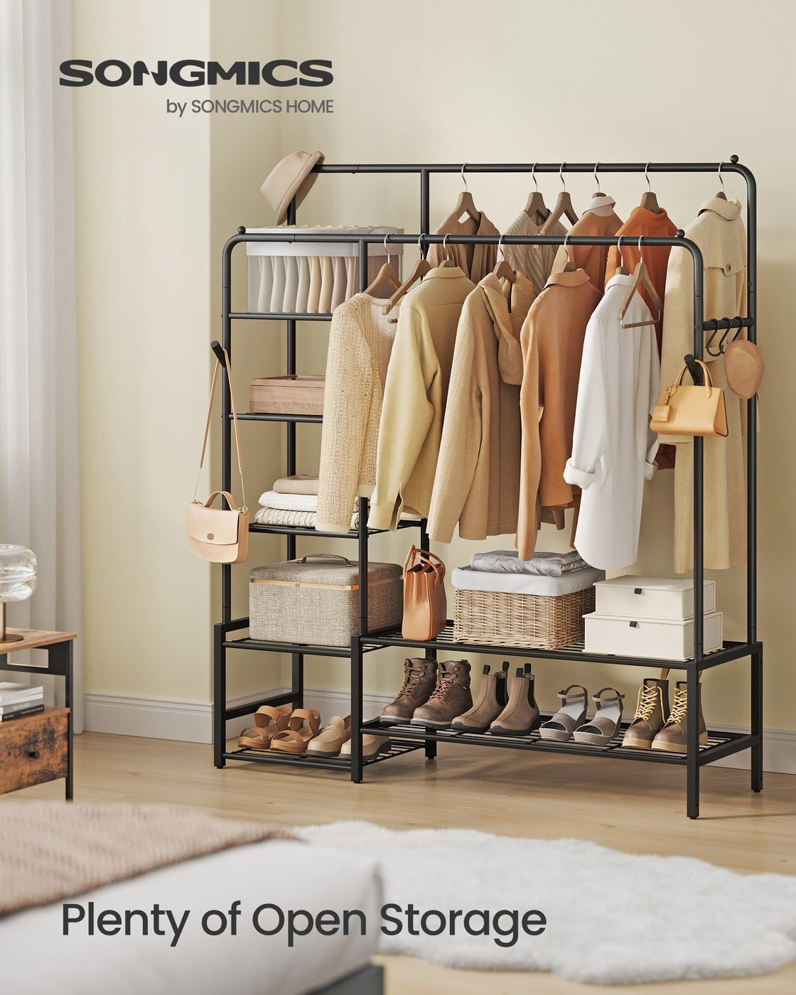 Open Wardrobe – Metal – Black – Features Shelves and Hanging Rods