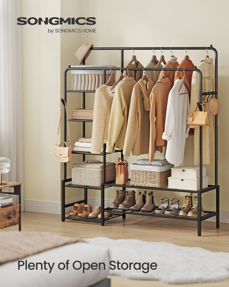 Open Wardrobe – Metal – Black – Features Shelves and Hanging Rods