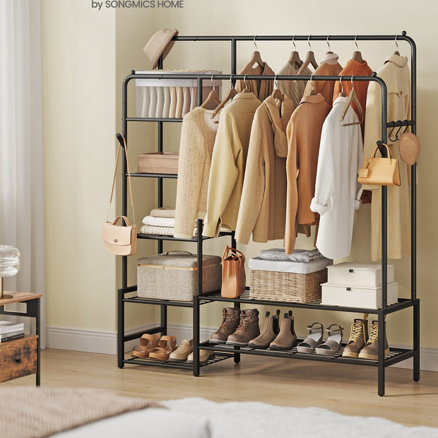 Open Wardrobe – Metal – Black – Features Shelves and Hanging Rods
