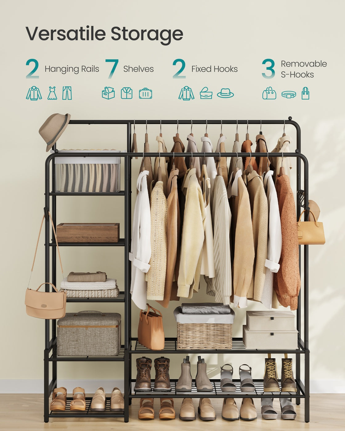Open Wardrobe – Metal – Black – Features Shelves and Hanging Rods