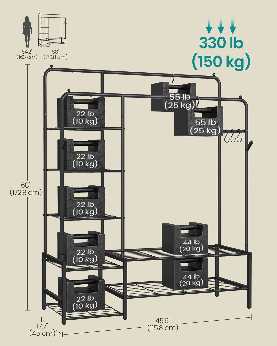 Open Wardrobe – Metal – Black – Features Shelves and Hanging Rods