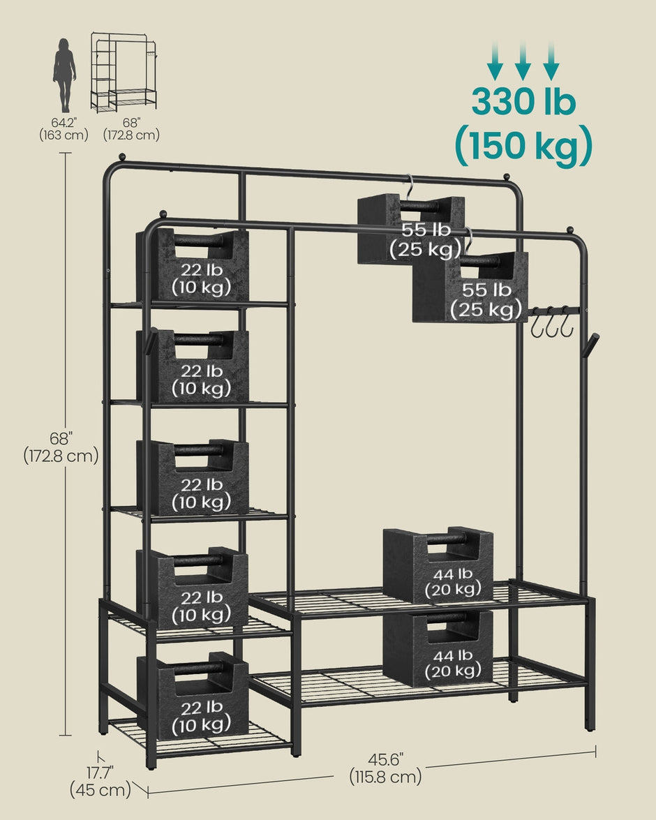 Open Wardrobe – Metal – Black – Features Shelves and Hanging Rods