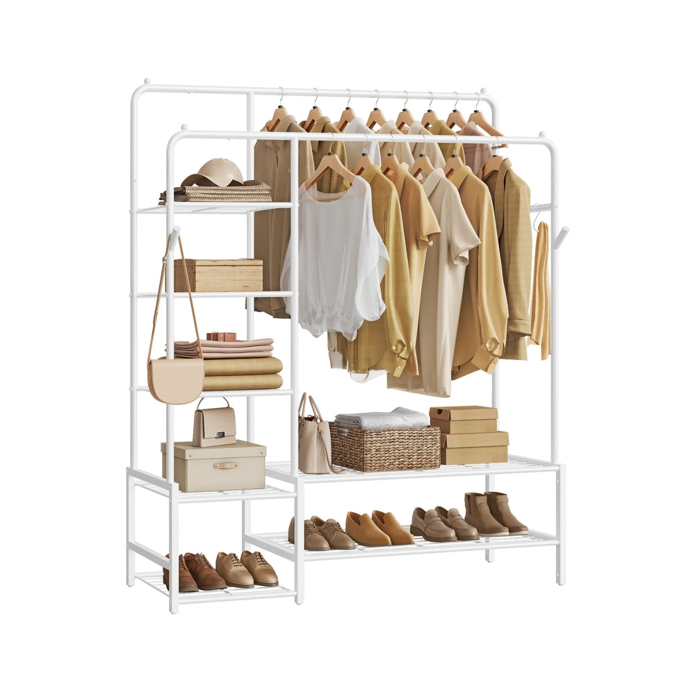 Open Wardrobe – Metal – Black – Features Shelves and Hanging Rods