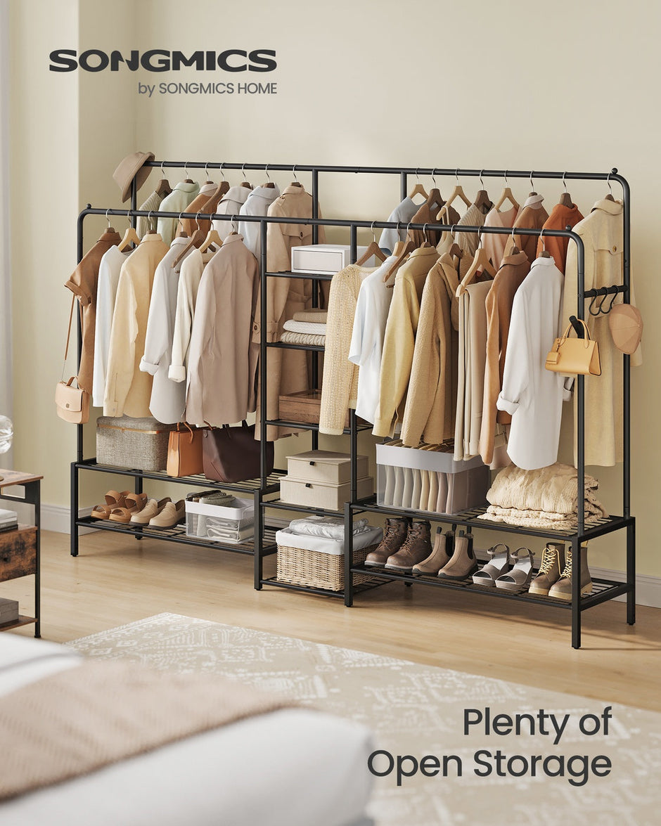 Open Wardrobe – Metal – Black – Features Shelves and Hanging Rods