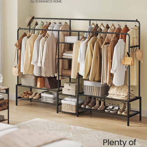 Open Wardrobe – Metal – Black – Features Shelves and Hanging Rods