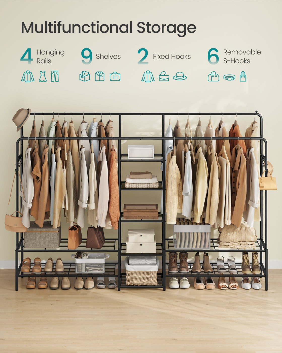 Open Wardrobe – Metal – Black – Features Shelves and Hanging Rods