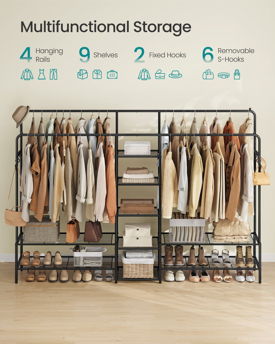 Open Wardrobe – Metal – Black – Features Shelves and Hanging Rods
