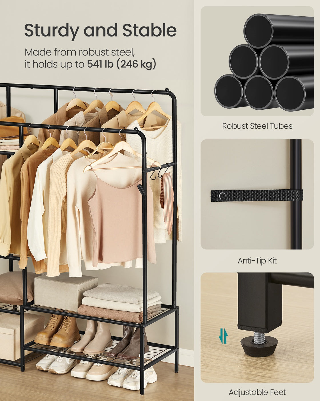 Open Wardrobe – Metal – Black – Features Shelves and Hanging Rods