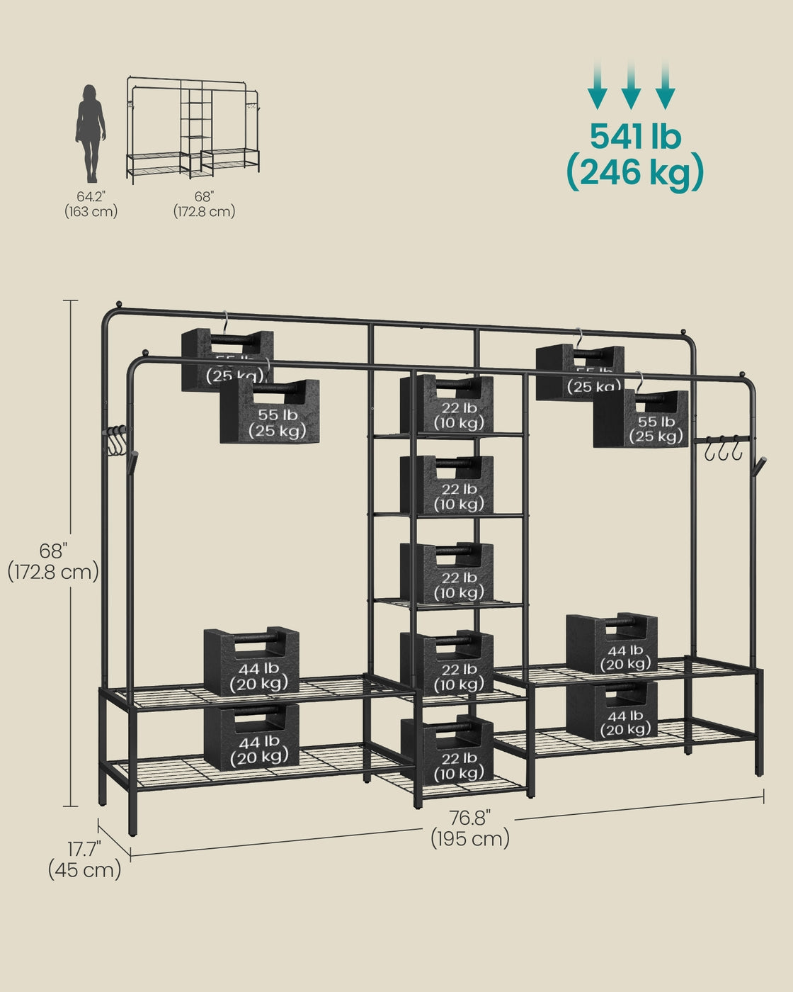 Open Wardrobe – Metal – Black – Features Shelves and Hanging Rods
