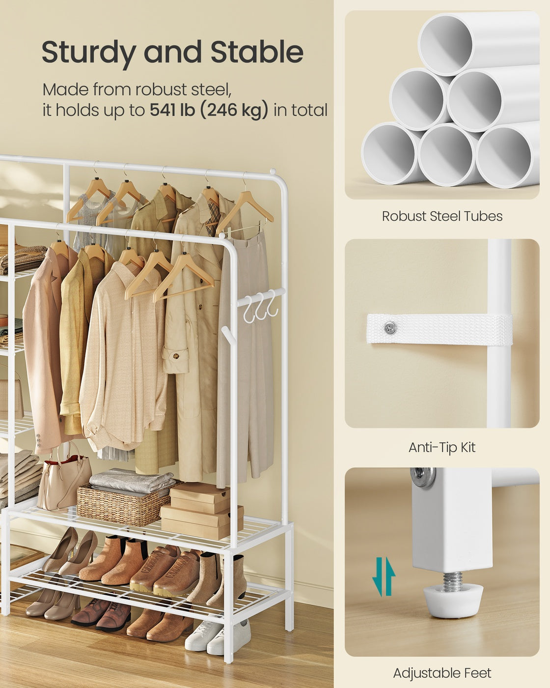 Clothes Rack - 541L - Steel - 9 Shelves - Hanging Rods
