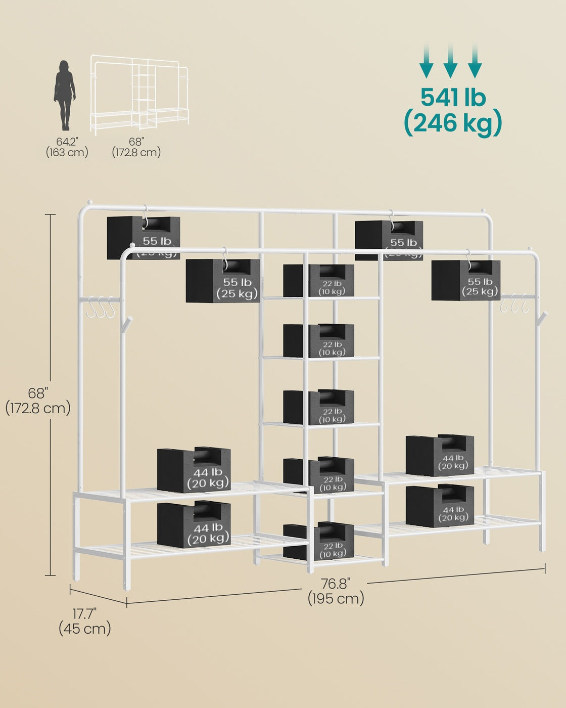 Clothes Rack - 541L - Steel - 9 Shelves - Hanging Rods