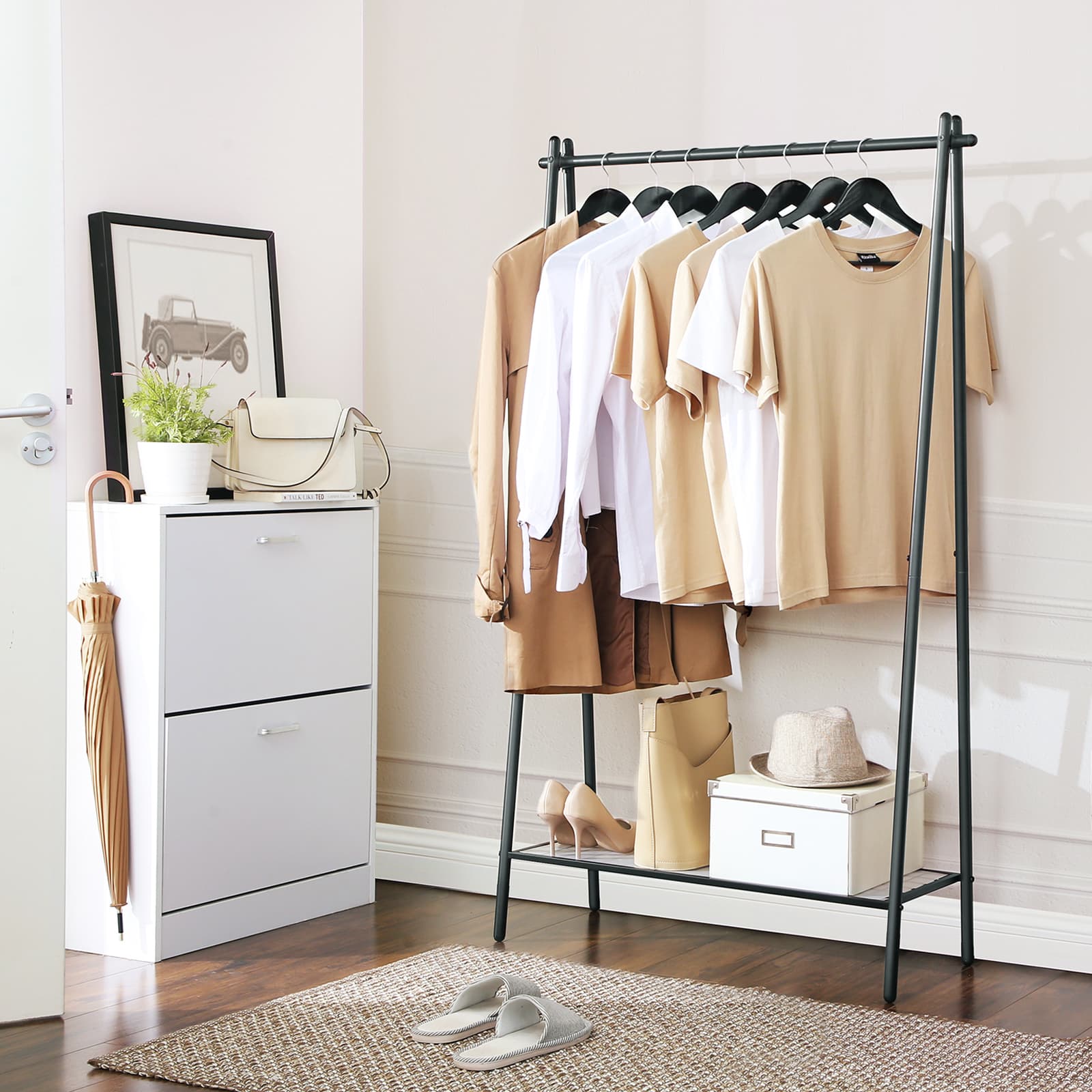 Garment Rack – Steel – Matte Black – Includes Hanging Rail and Bottom Shelf