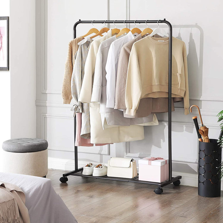 Clothes Rack – Metal – Black – Mobile with Storage Shelf