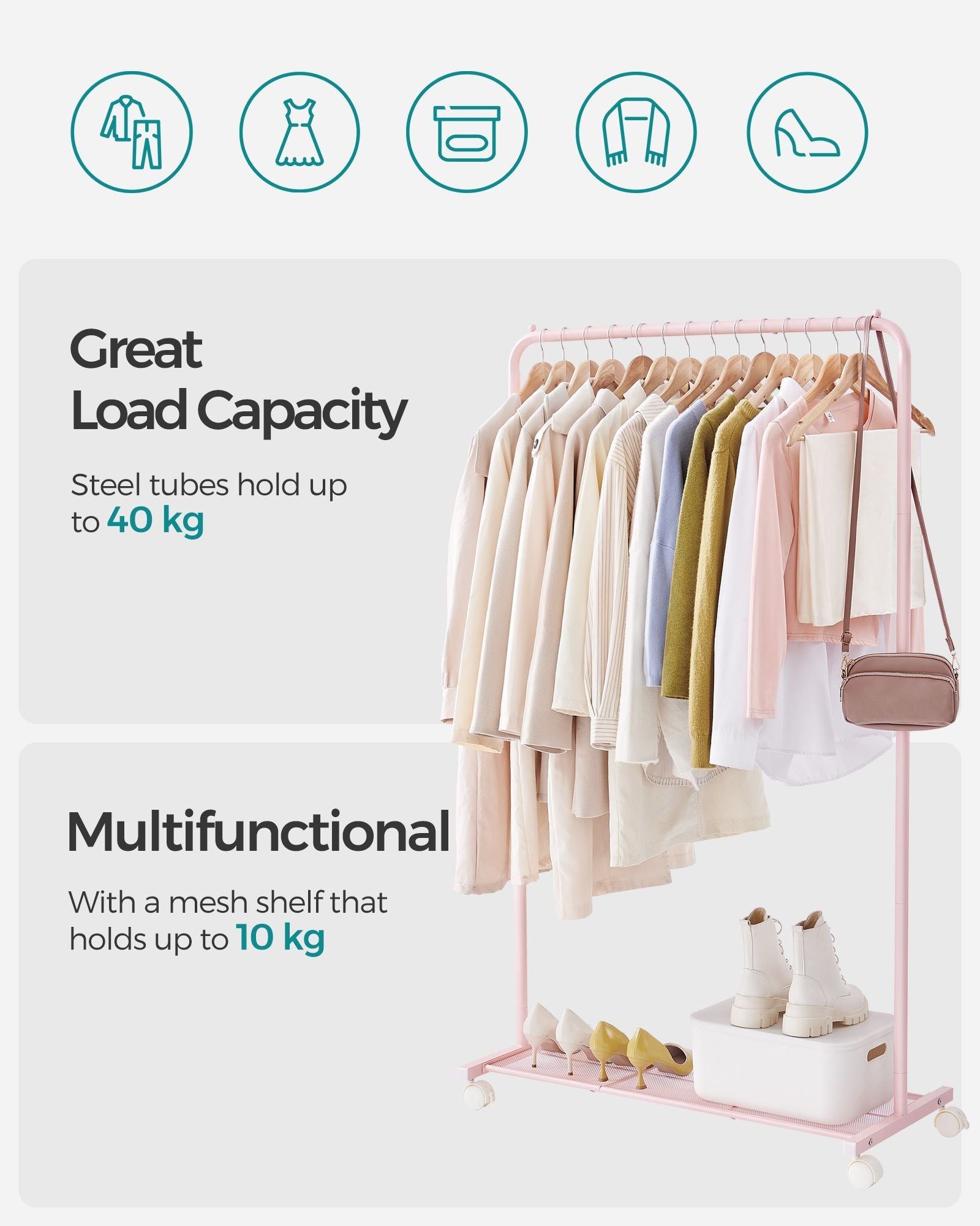 Garment Rack – Metal – Jelly Pink – Mobile with Storage Shelf