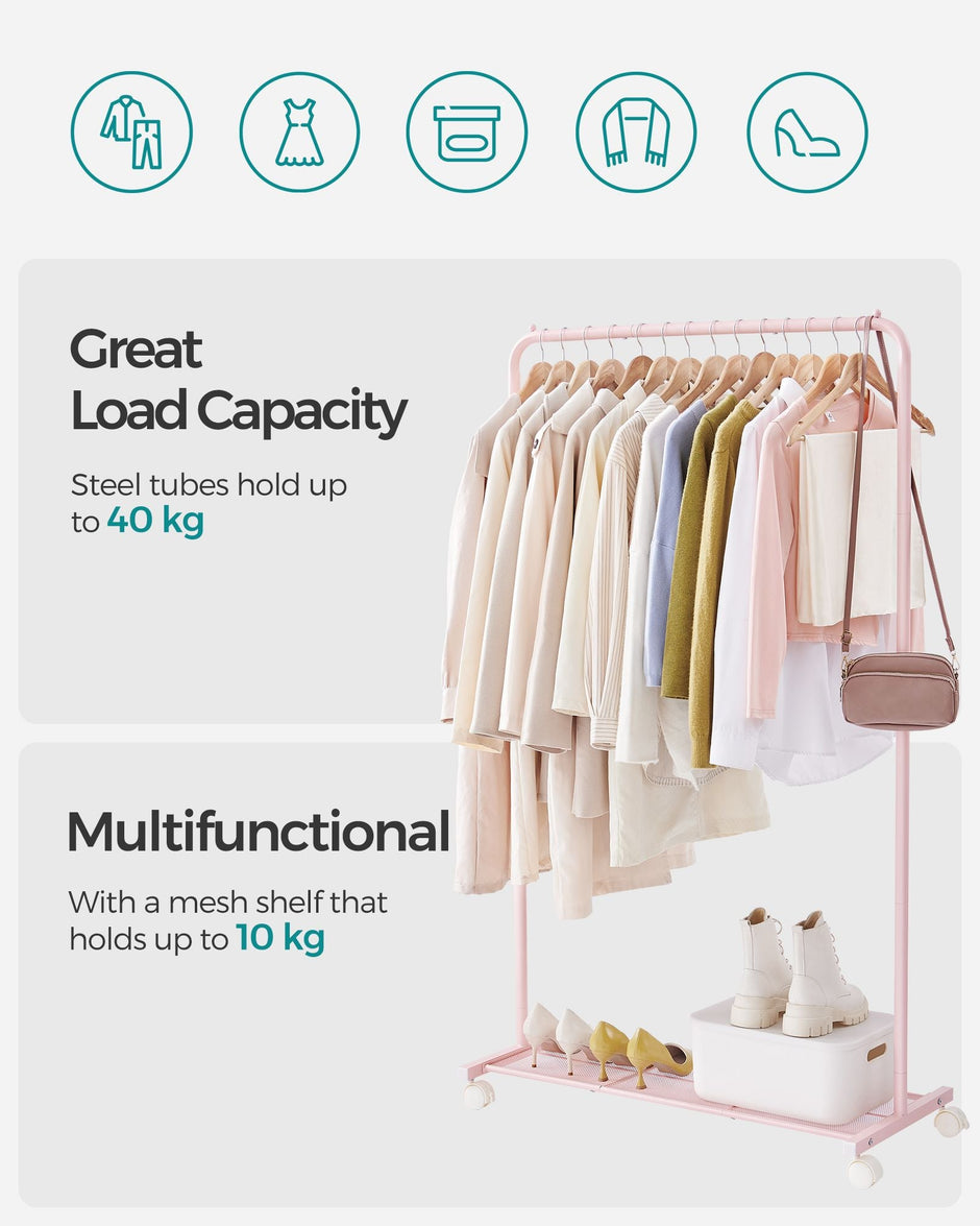 Garment Rack – Metal – Jelly Pink – Mobile with Storage Shelf