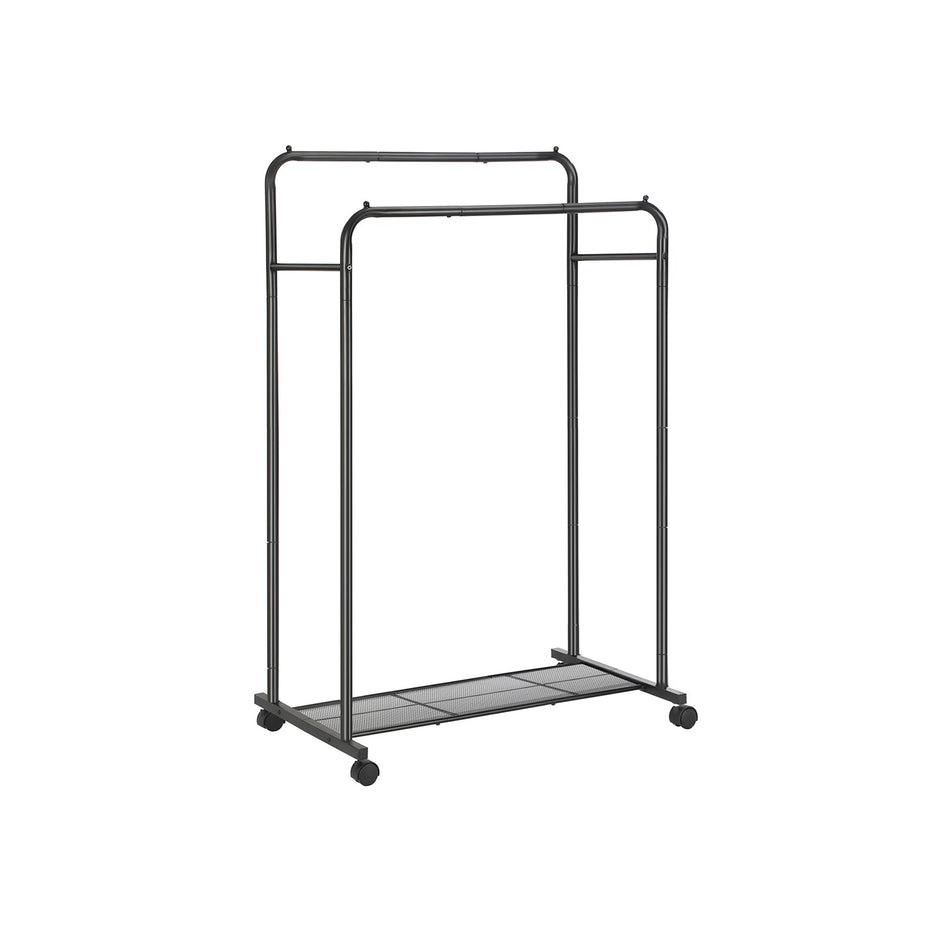 Garment Rack – Metal – Black – Double-Rail with Wheels and Mesh Shelf