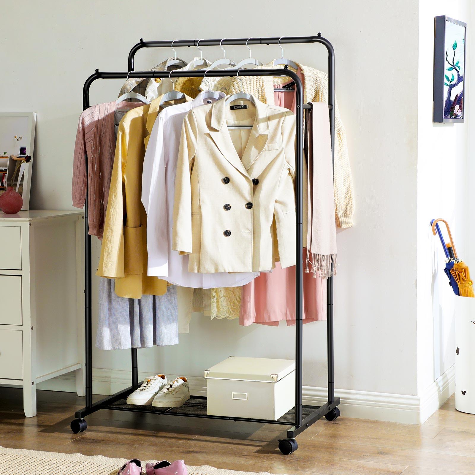 Garment Rack – Metal – Black – Double-Rail with Wheels and Mesh Shelf