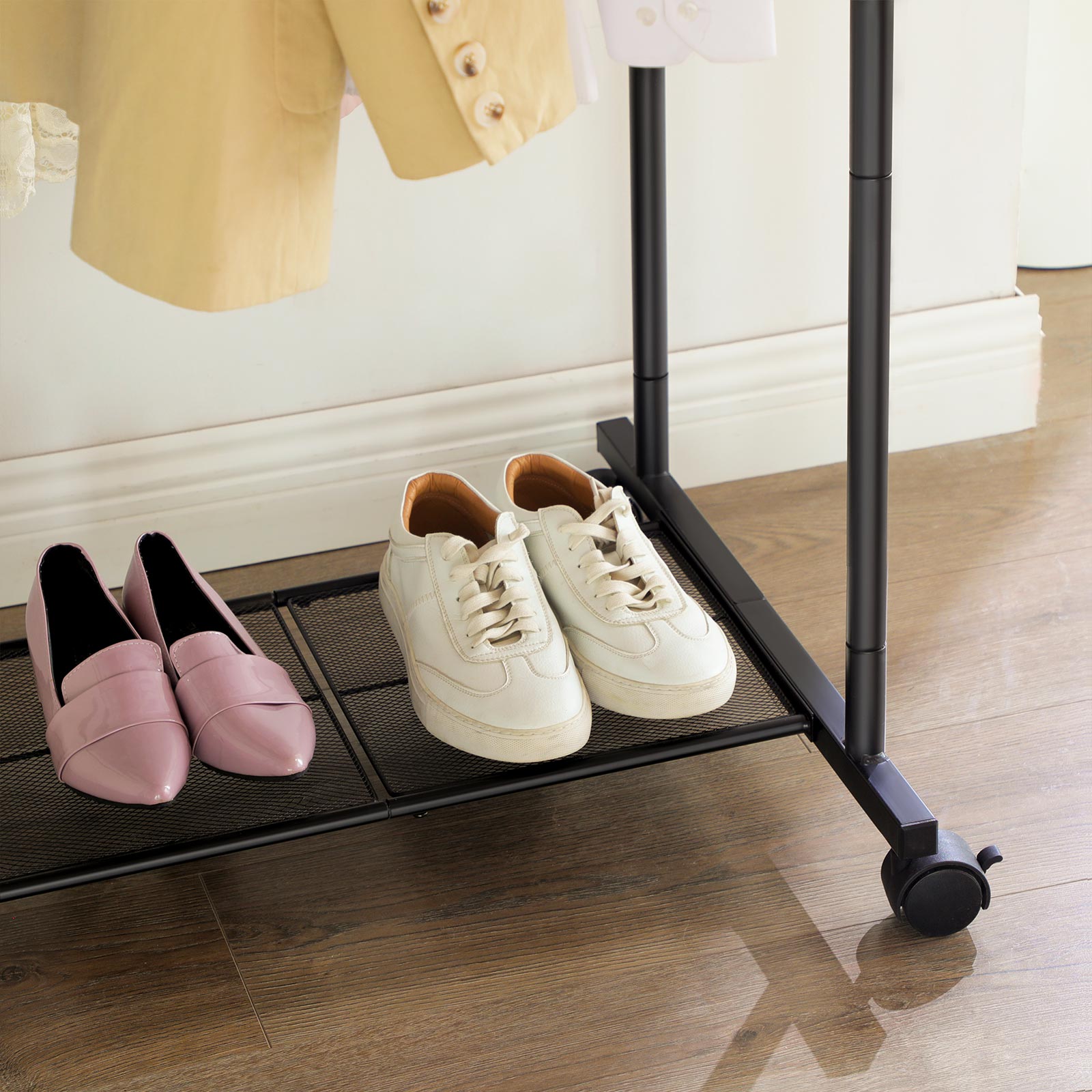 Garment Rack – Metal – Black – Double-Rail with Wheels and Mesh Shelf