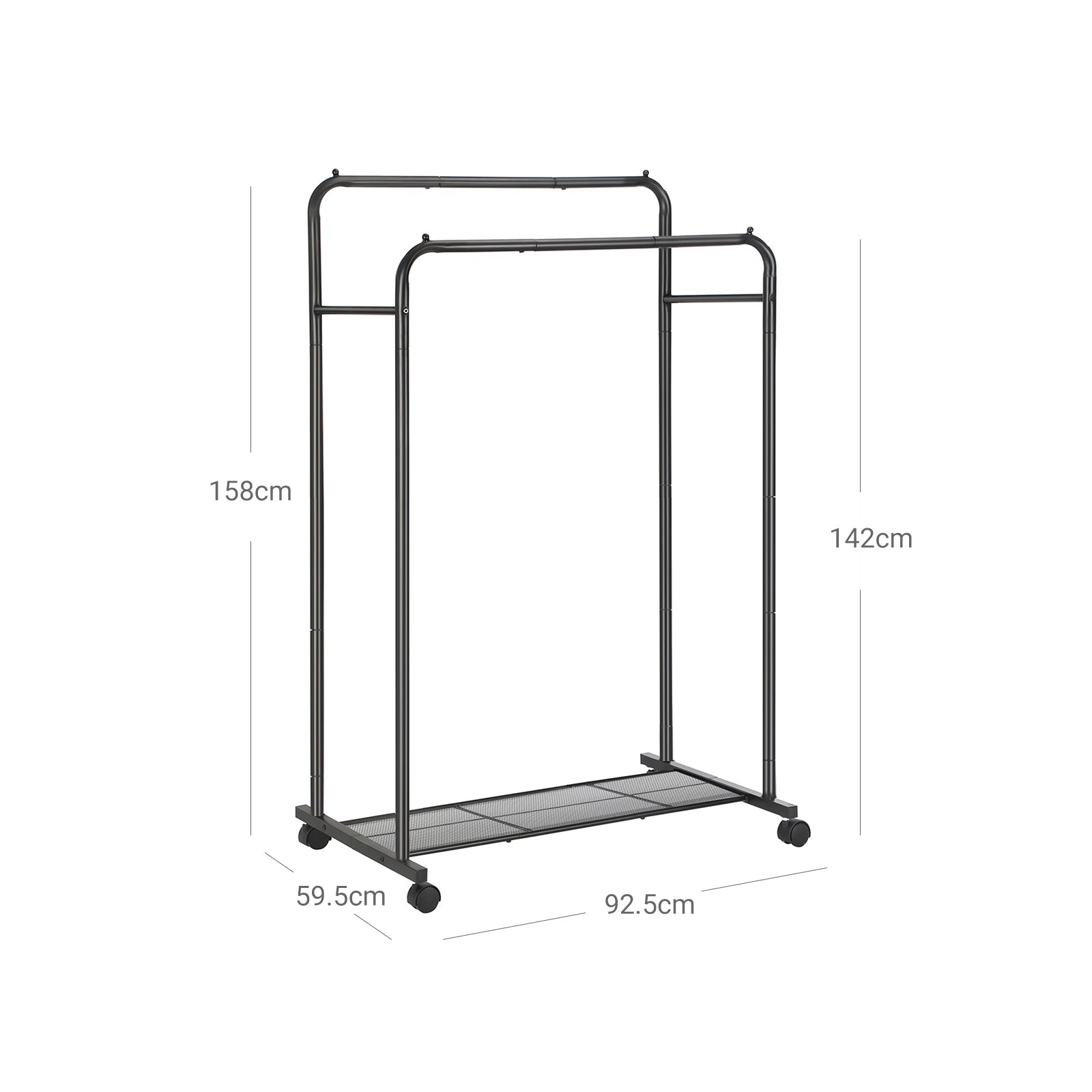 Garment Rack – Metal – Black – Double-Rail with Wheels and Mesh Shelf