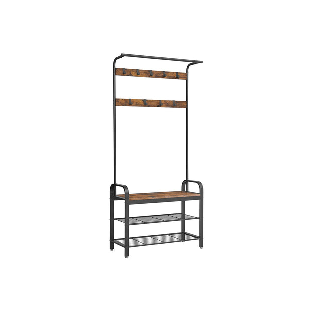 Coat Rack Stand – Steel – Rustic Brown and Black – Free Standing with Removable Hooks and Bench