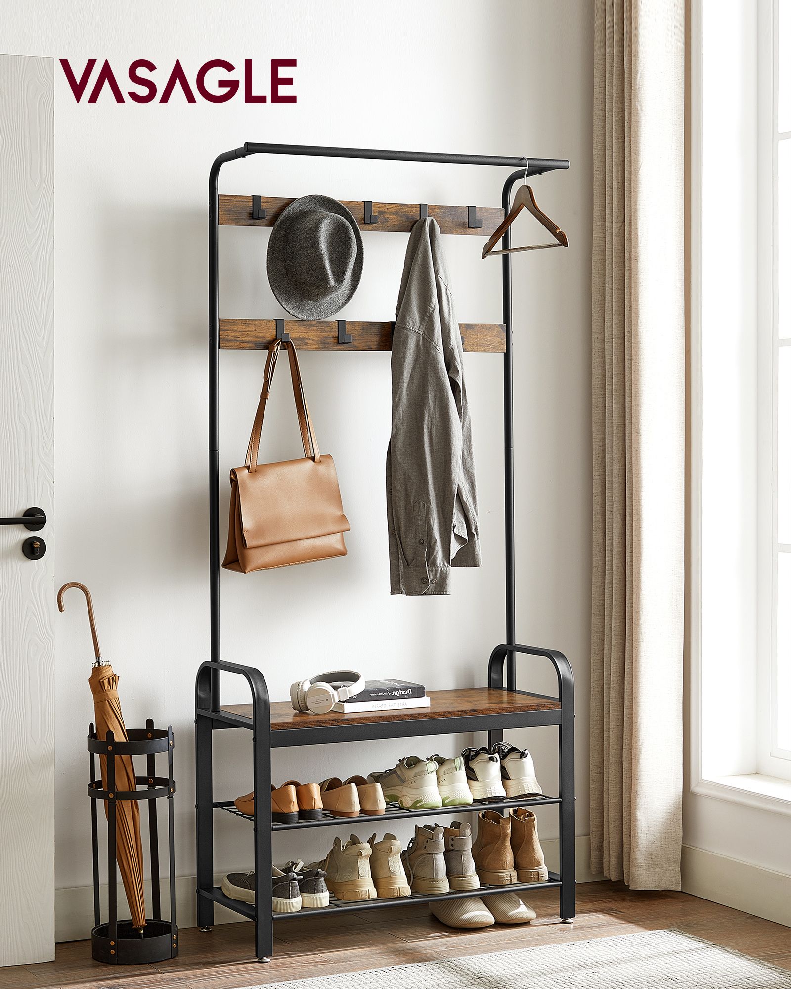 Coat Rack Stand – Steel – Rustic Brown and Black – Free Standing with Removable Hooks and Bench