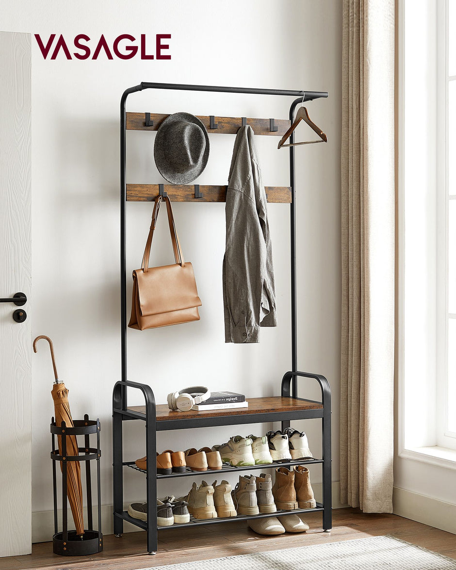 Coat Rack Stand – Steel – Rustic Brown and Black – Free Standing with Removable Hooks and Bench