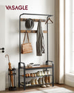 Coat Rack Stand – Steel – Rustic Brown and Black – Free Standing with Removable Hooks and Bench