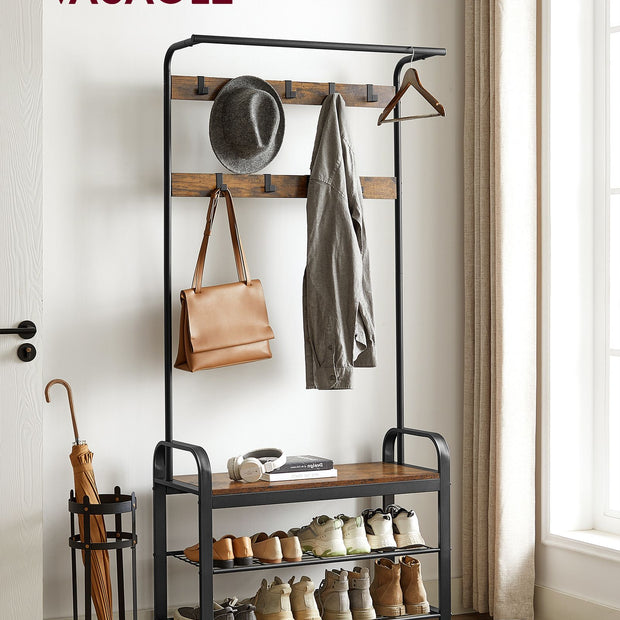 Coat Rack Stand – Steel – Rustic Brown and Black – Free Standing with Removable Hooks and Bench
