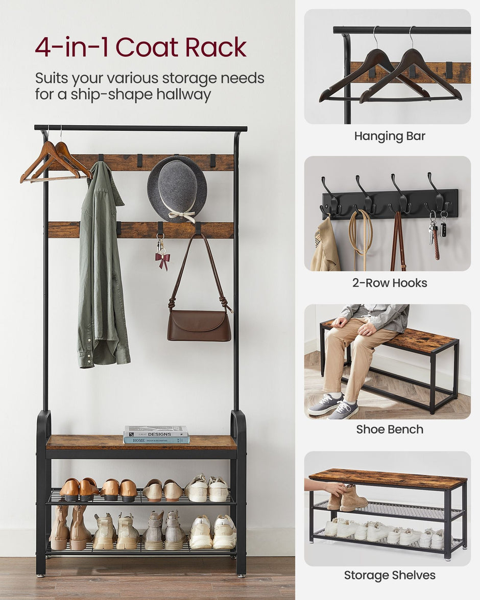 Coat Rack Stand – Steel – Rustic Brown and Black – Free Standing with Removable Hooks and Bench