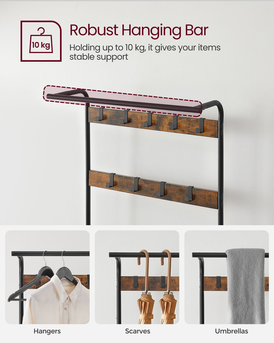 Coat Rack Stand – Steel – Rustic Brown and Black – Free Standing with Removable Hooks and Bench