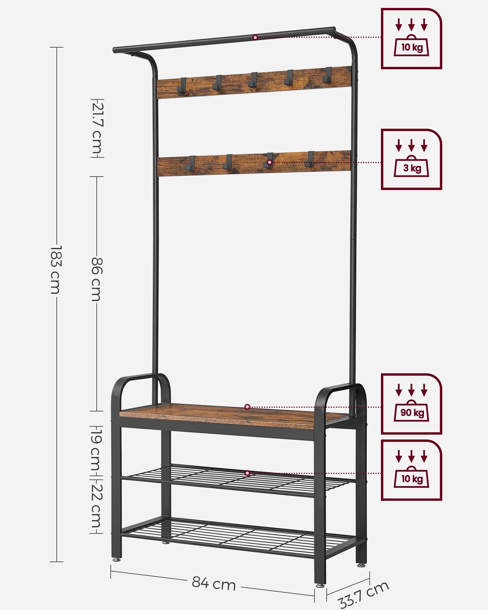 Coat Rack Stand – Steel – Rustic Brown and Black – Free Standing with Removable Hooks and Bench
