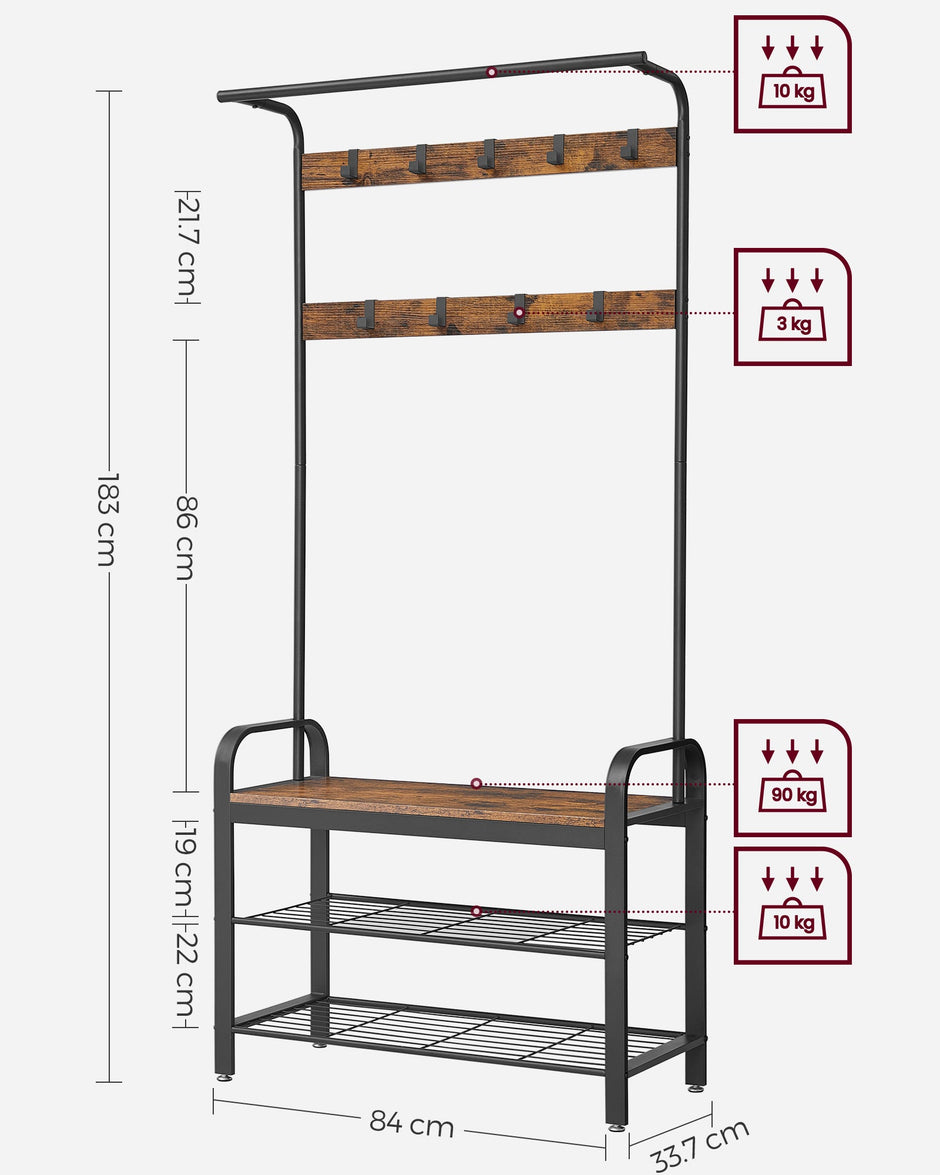 Coat Rack Stand – Steel – Rustic Brown and Black – Free Standing with Removable Hooks and Bench