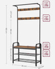 Coat Rack Stand – Steel – Rustic Brown and Black – Free Standing with Removable Hooks and Bench