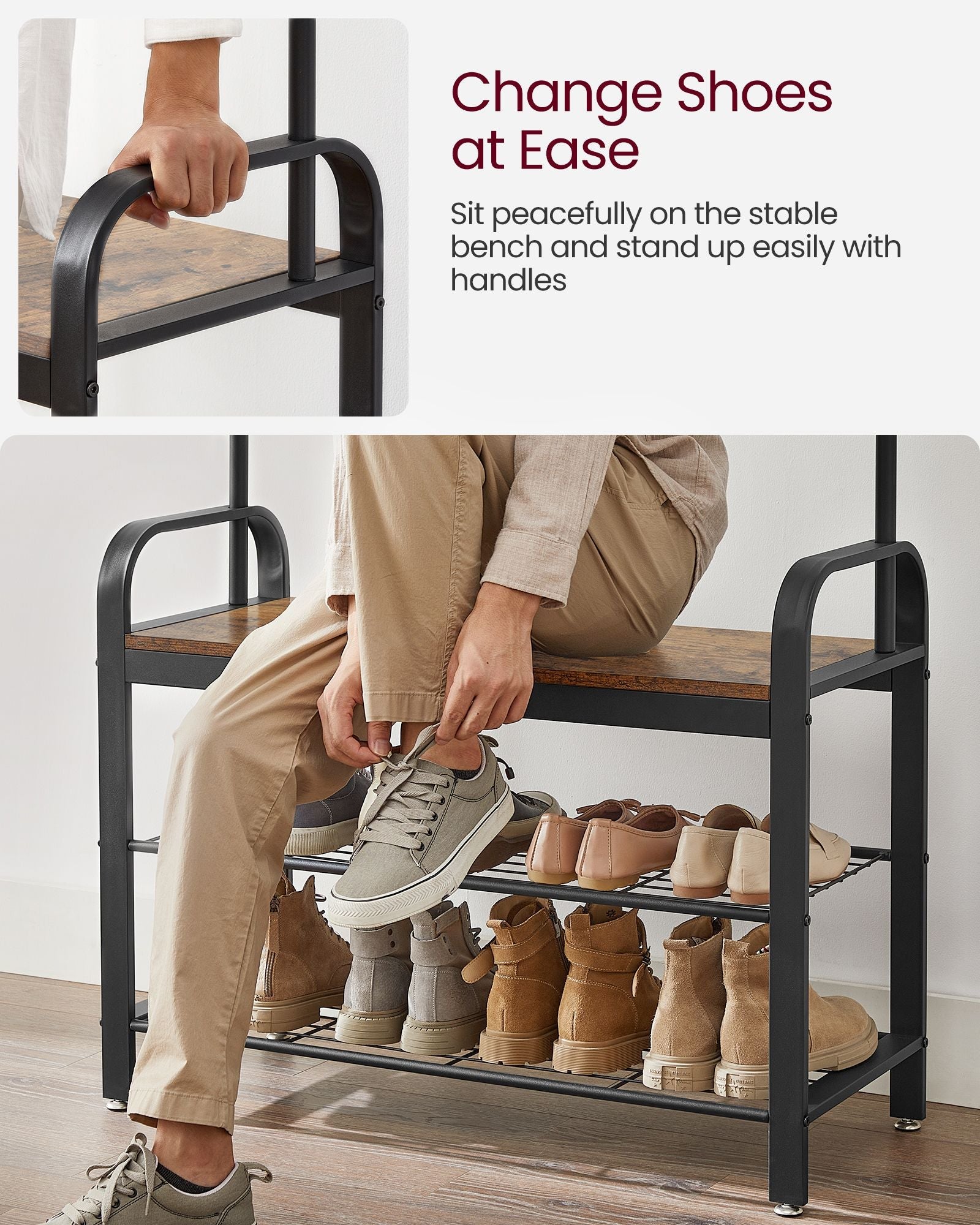 Coat Rack Stand – Steel – Rustic Brown and Black – Free Standing with Removable Hooks and Bench