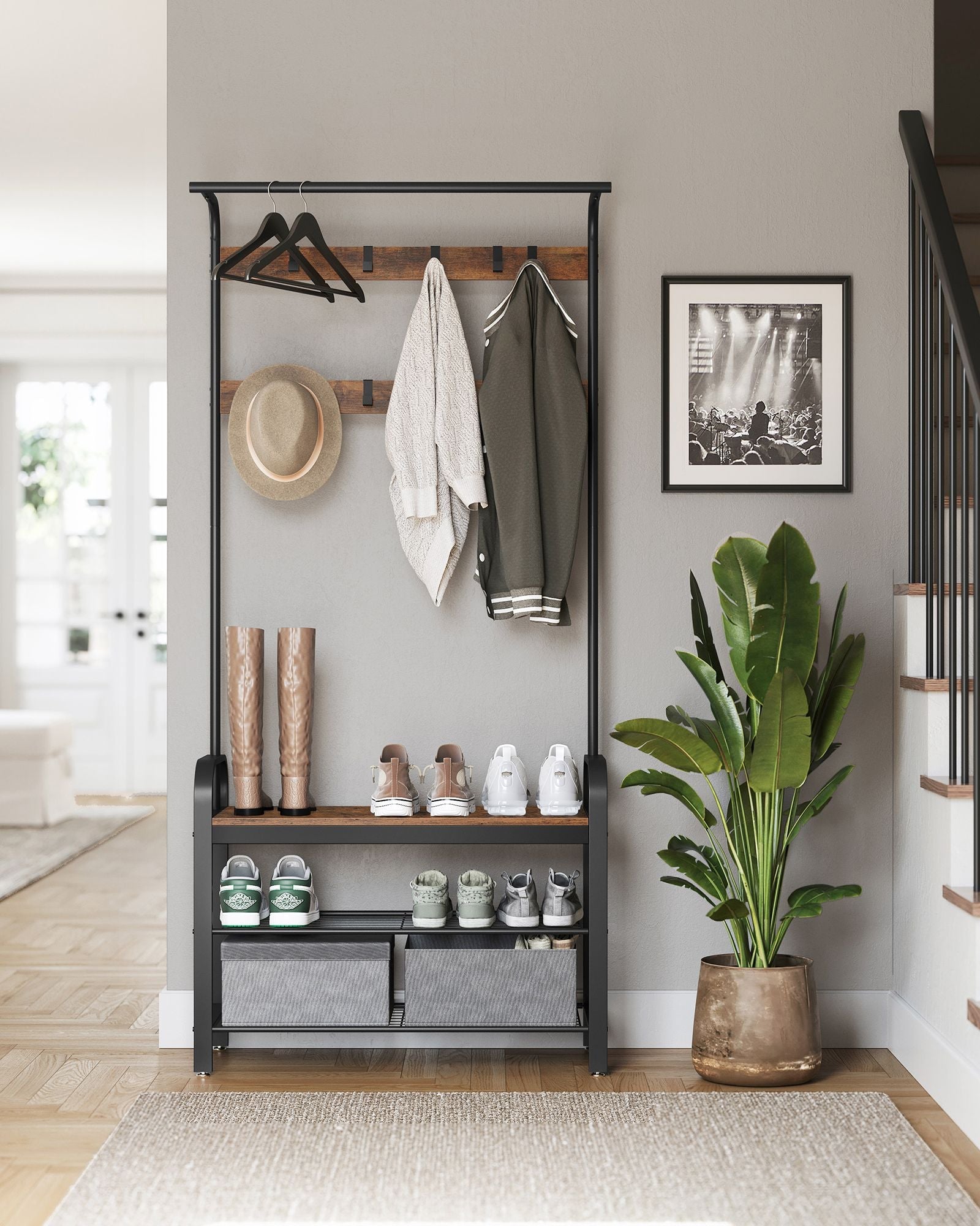 Coat Rack Stand – Steel – Rustic Brown and Black – Free Standing with Removable Hooks and Bench