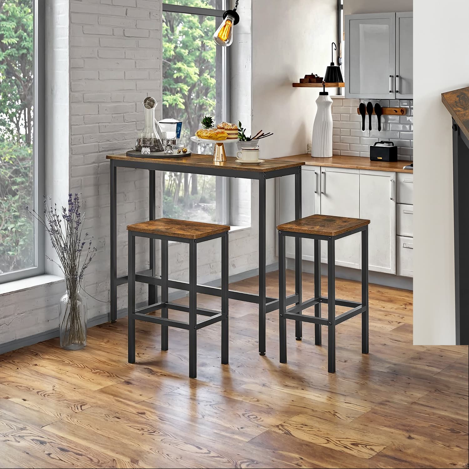 Bar Table Set – Steel – Rustic Brown and Black – Includes Two Stools