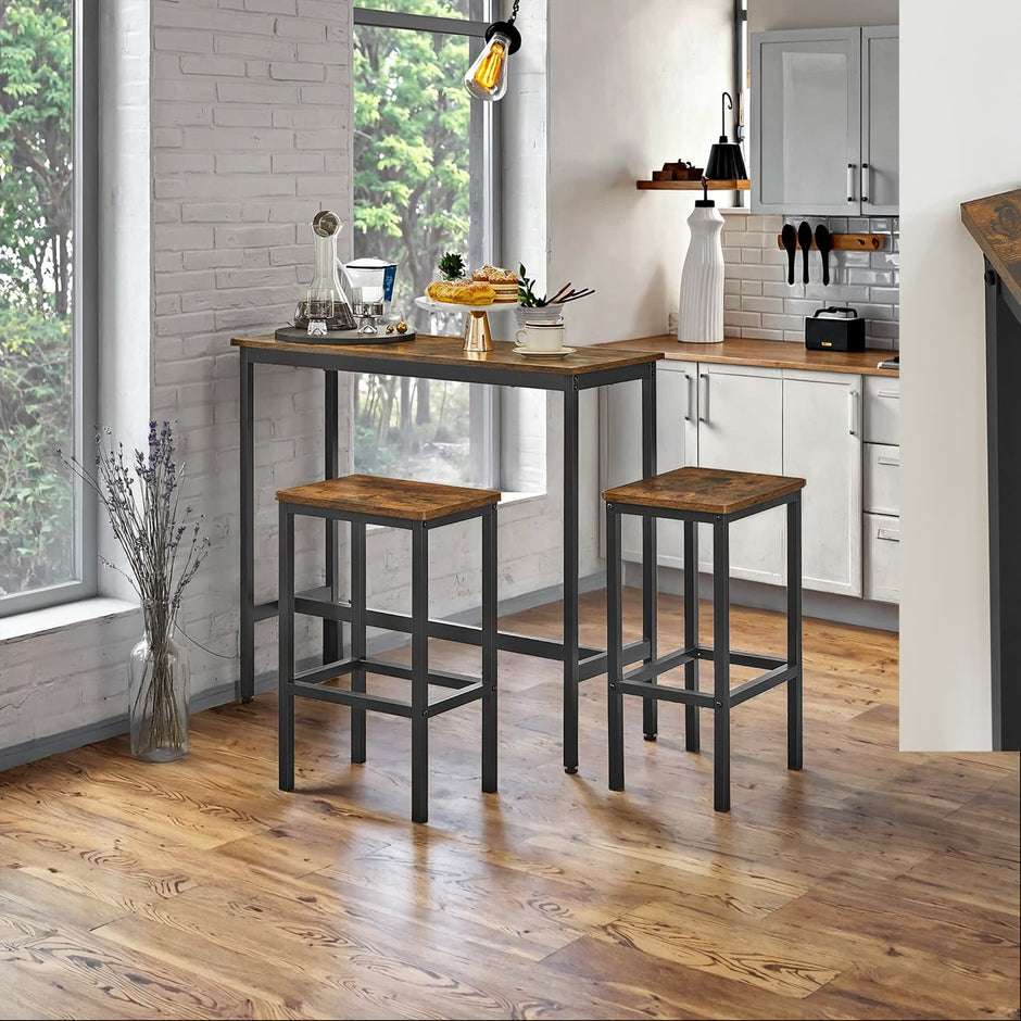 Bar Table Set – Steel – Rustic Brown and Black – Includes Two Stools